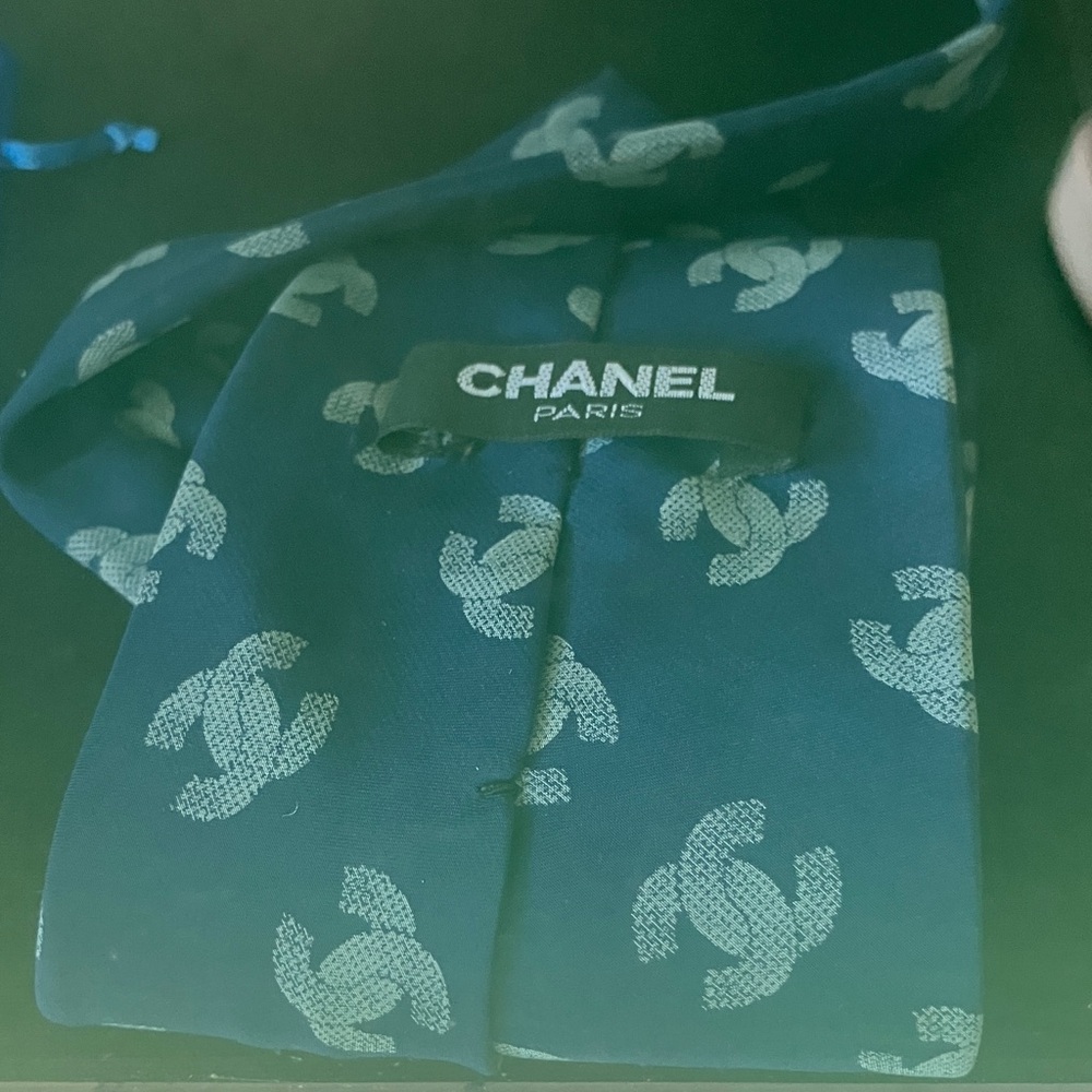 CHANEL Teal Silk Tie with Logo Pattern Perfectly Unisex!